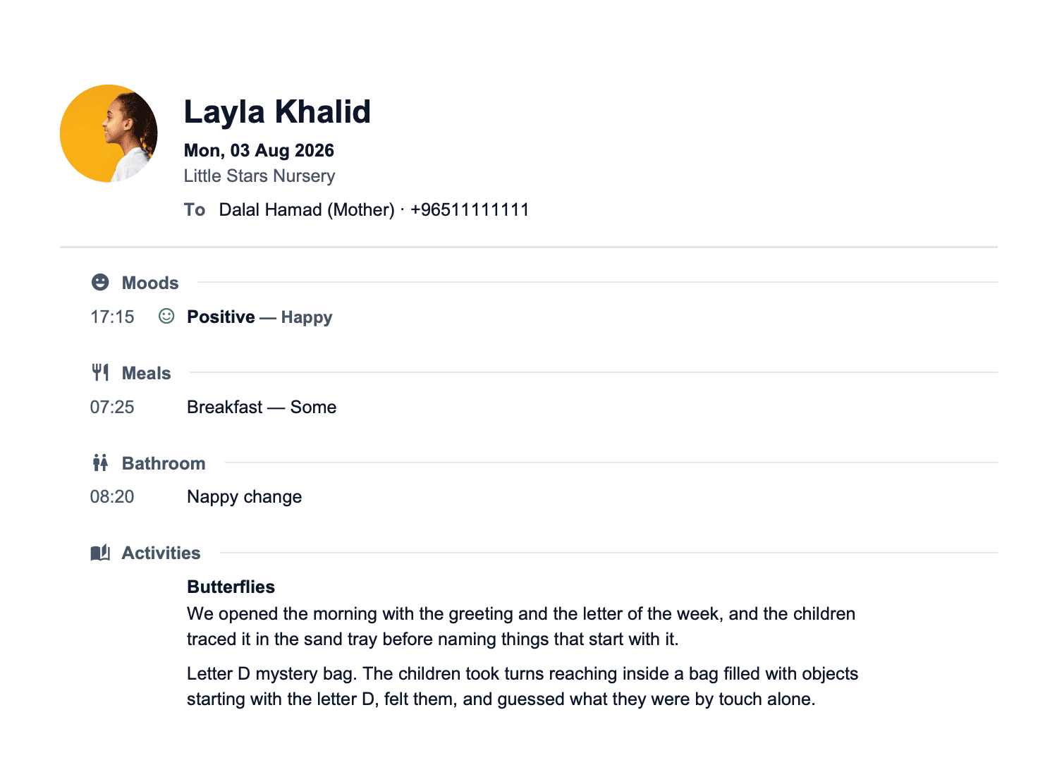 An exported TinyHub day report, showing the child's name and date, the mood with its tag, meals, bathroom entries and the room's activities