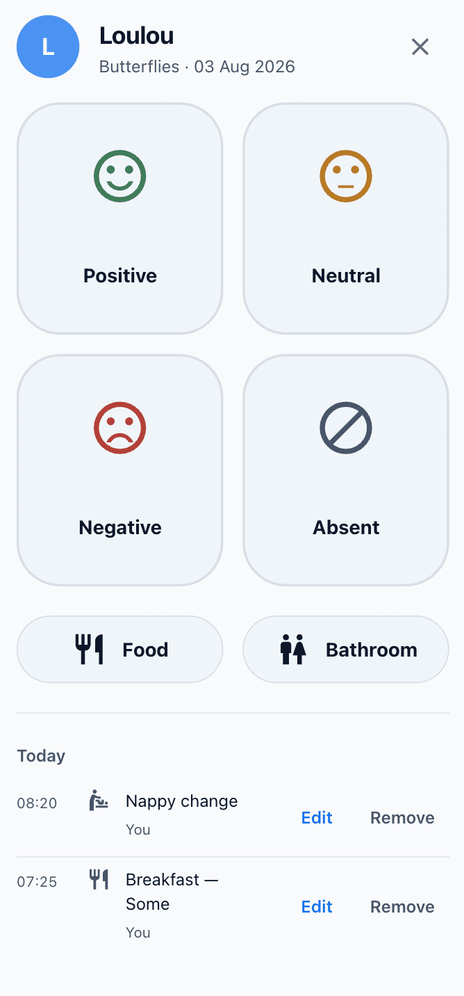 The TinyHub daily record on a phone, with positive, neutral, negative and absent mood options and food and bathroom entries
